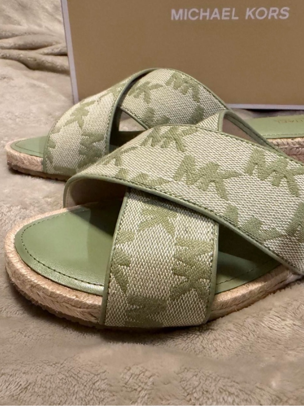 Michael Kors Light Green MK Logo Crossband Espadrille Sandals